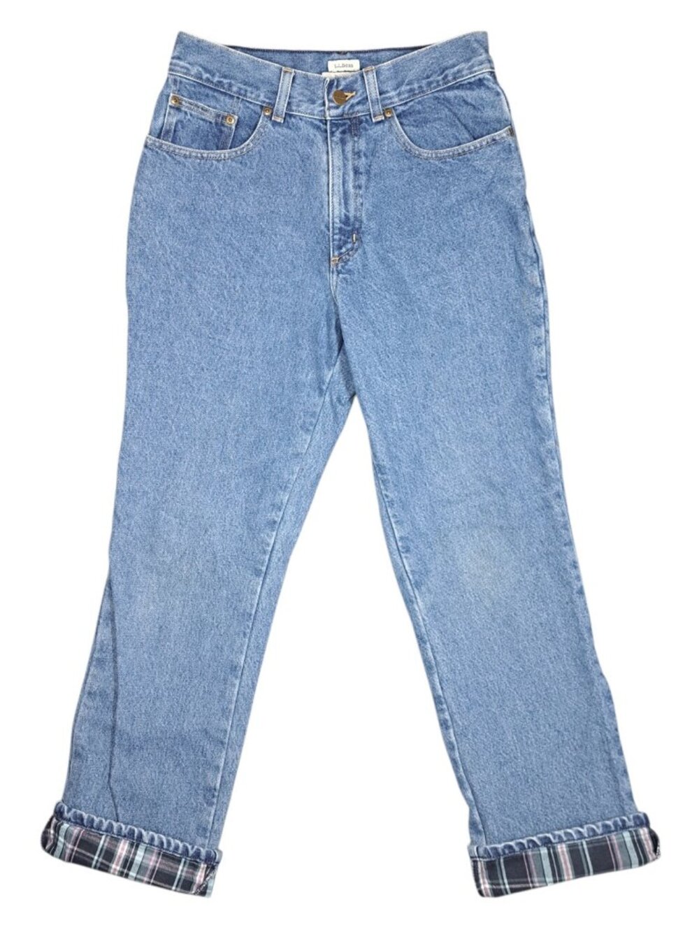 LL Bean Womens Flannel Lined Jeans 8 Original Fit Blue Insulated Plaid High Rise